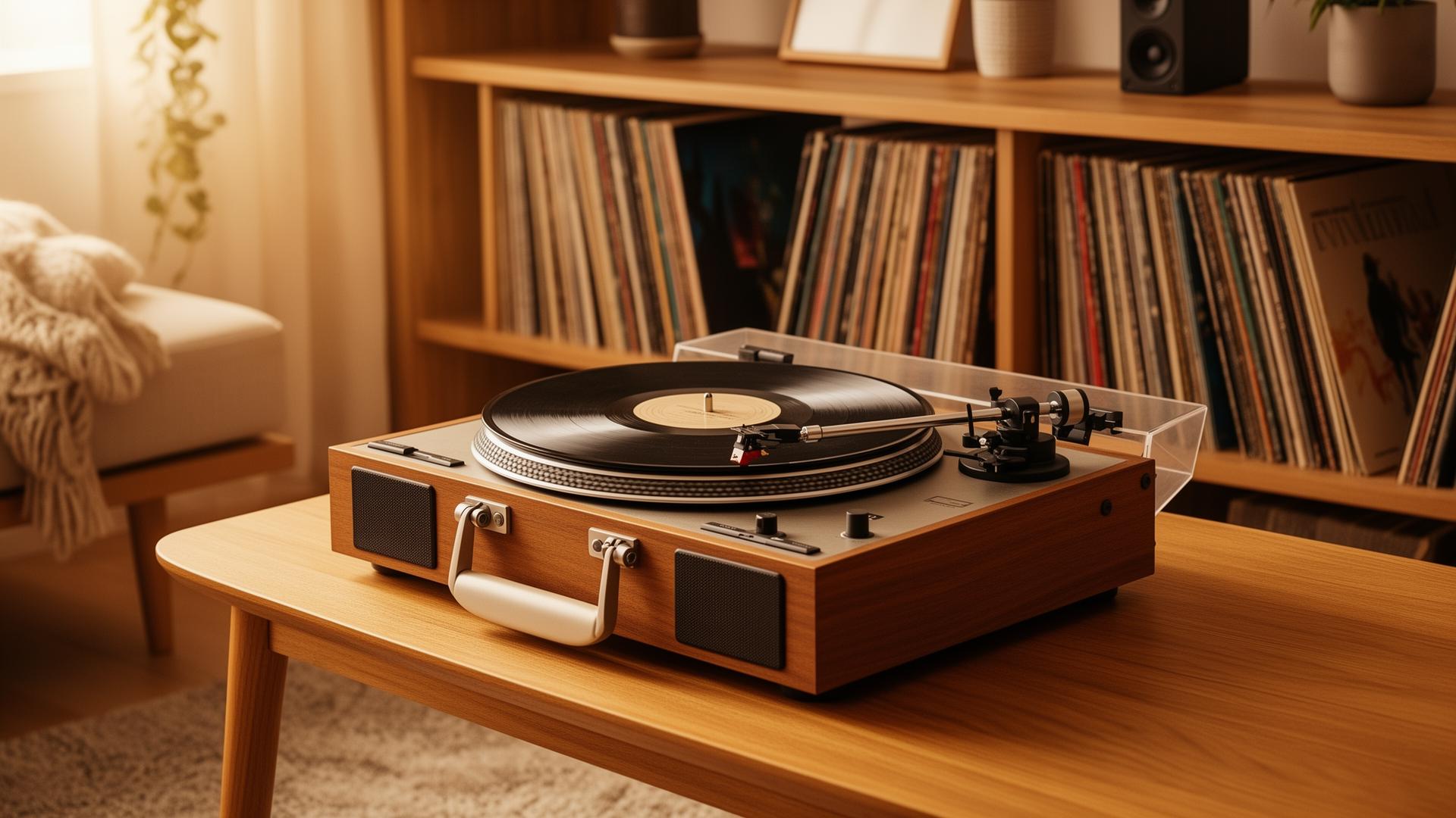 Vintage pladespiller i skandinavisk stue med vinylsamling